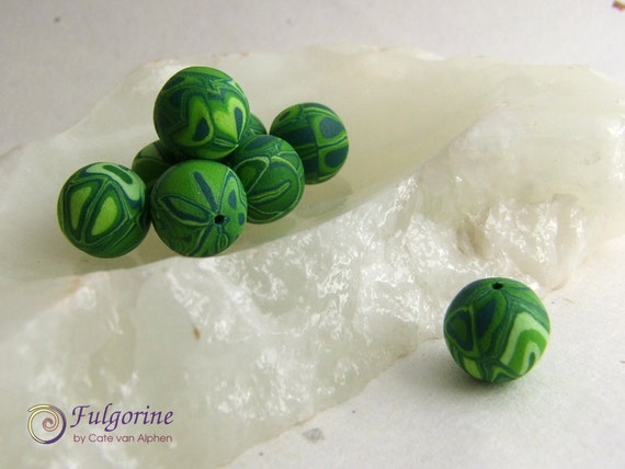 Unique green polymer clay art beads, round 12mm diameter