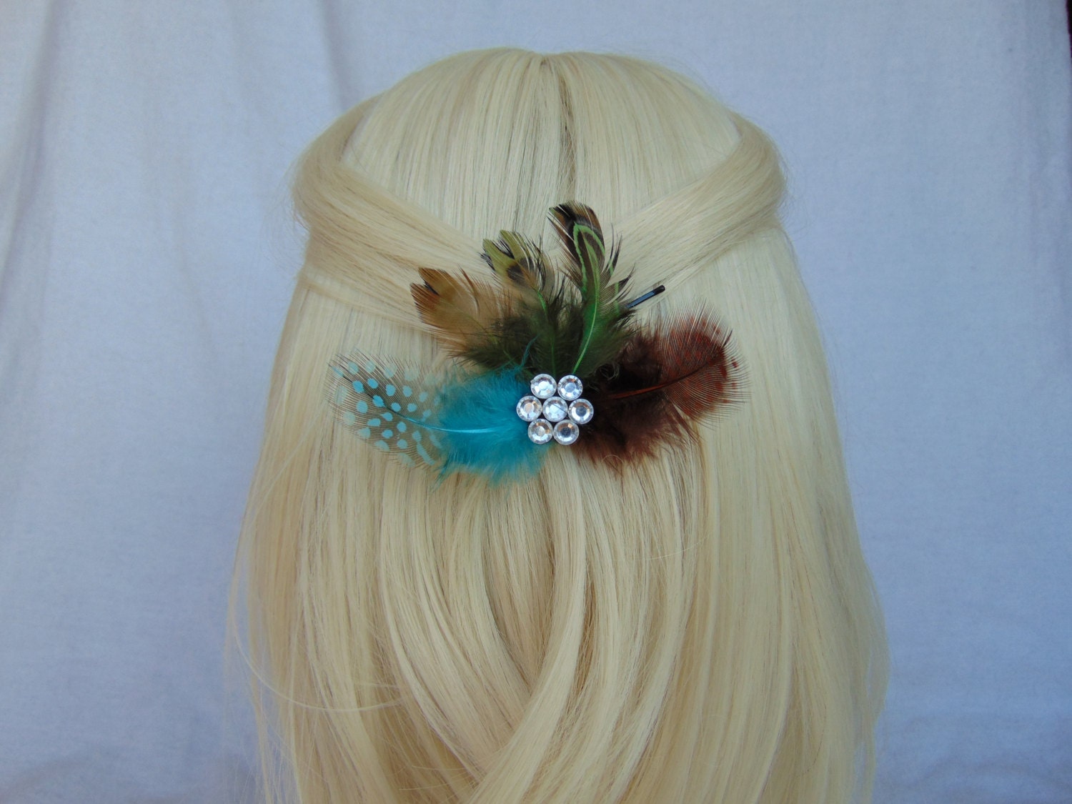 Feather Hair Clip Brown Hair Clip Blue by AKMFloralsAndCrafts