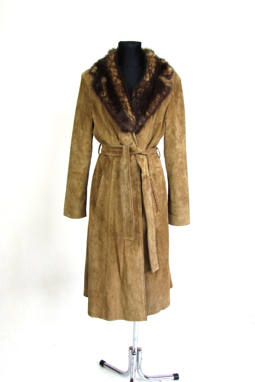 Vintage Camel Suede Wrap Overcoat Trench Faux Fur Collar Midi Belted ...