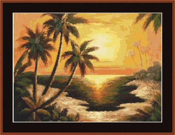 Palm Trees In The Sunset Counted Cross Stitch Pattern in PDF