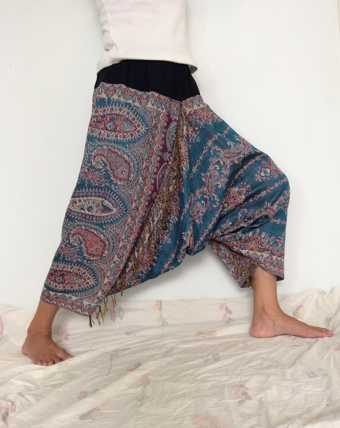 Blue Soft Silk Harem Pants with Leaf patterned HR-221