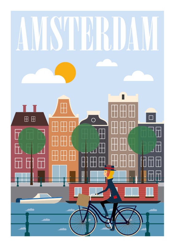 amsterdam amsterdam print travel poster mid century wall