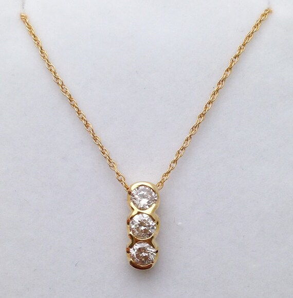 Yellow Gold 3 Diamond Drop Pendant Necklace Past Present