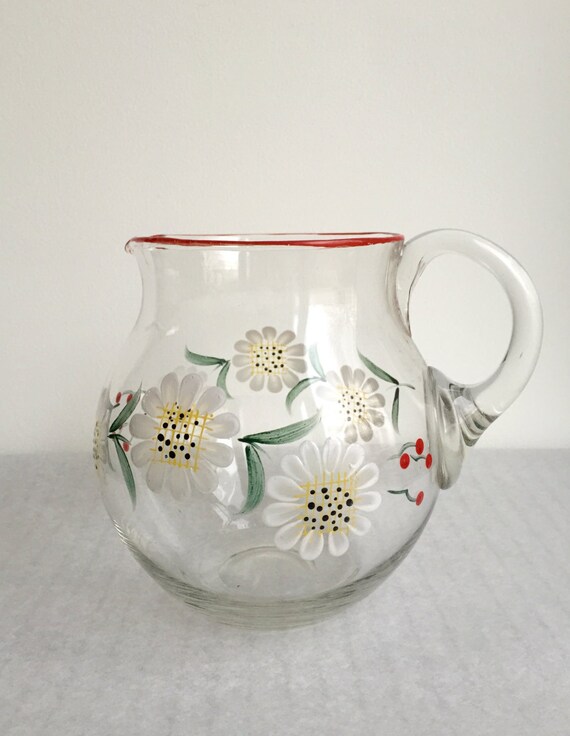 Vintage glass pitcher juice pitcher hand painted flowers