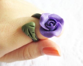 Purple Rose Ring, Polymer Clay Ring, Adjustable Ring, Flower, Handmade Jewelry, Flower Jewelry, Purple Flower, Purple Rose
