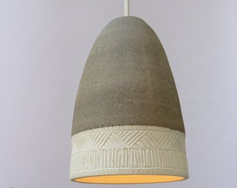 Pendant light, Grey stoneware and porcelain bell, Hanging lamp.