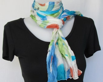 Silk scarf long crinkle hand painted - white, turquoise, blue, green, rust