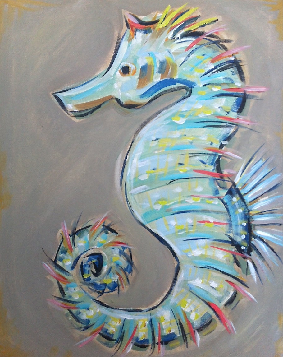 Seahorse Painting Canvas large aqua navy coral neutral