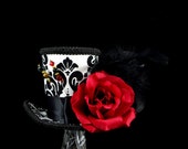 Black, White, and Red Rose Garden Mini Top Hat Fascinator, Alice in Wonderland, Mad Hatter Tea Party, Derby