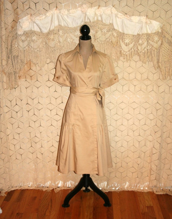 Beige Dress Wrap Dress Short Sleeve Dress Casual Dress Cotton