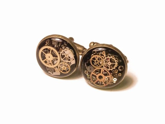 As Seen at GBK's 2015 MTV Movie Awards Gunmetal Brass Silver Rose Gold Steampunk Cufflinks w/ real recycled watch Groomsmen Groom Father by JewelryFX steampunk buy now online