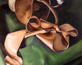 Still life oil painting on canvas ~ 16x20" ~ Copper pitcher with beige ribbon on dark green fabric. Original painting Traditional still-life