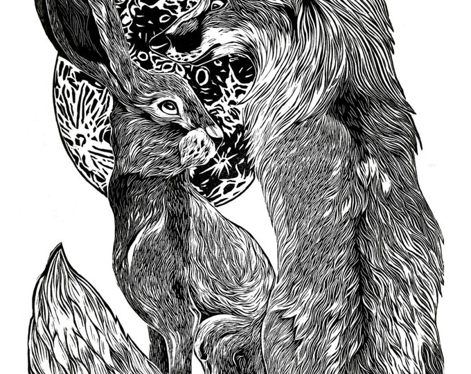 Fox & Hare - A2 Illustration Linocut Relief Print, Rabbit, Moon, Nature, Folklore