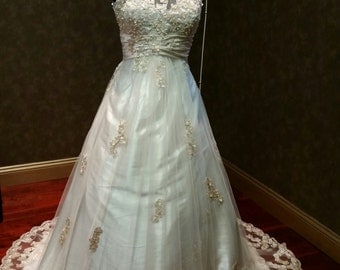 Vintage Inspired Halter Illusion Lace Neckline Wedding Dress with Light Gold Lace and Ivory Charmuese