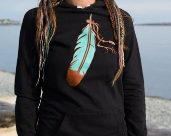 Black Hoody Dress with Feather Womens Alternative Native Tribal Clothing Hippy West Coast Style Hoodie American Apparel 100% Cotton