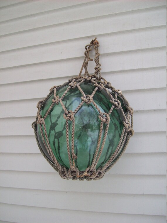 Large Antique Green Glass Fishing Float With Rope Harness