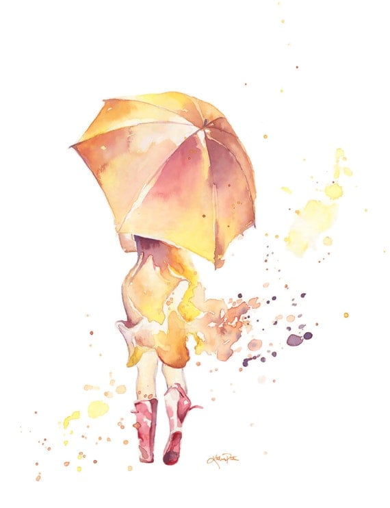 Rain Girl watercolor print rain boots print by TheDailyWatercolor