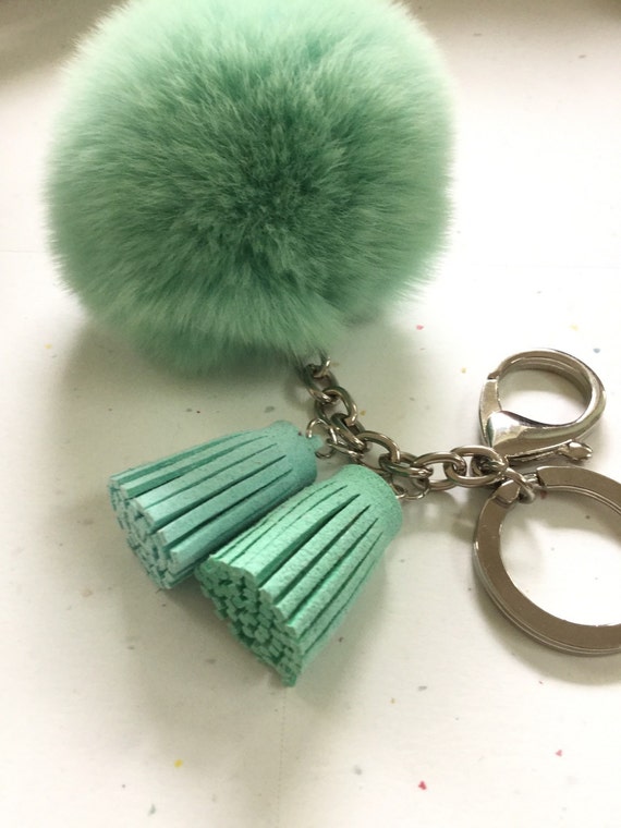 pom pom green keychain with two pom REX green candy keychain pom Fur Rabbit charm bag ball