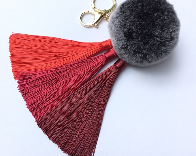 Red Gradient Tassel Handbag Charm Fur Pom Pom ball keychain