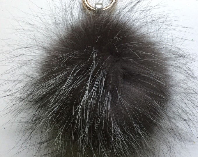 Silver Fox Fur Pom Pom luxury bag pendant with leather strap metal buckle key ring chain bag charm