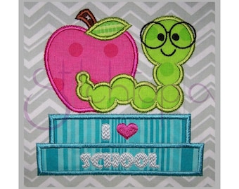 Bookworm with Apple Applique - 6 sizes - Digital Machine Embroidery Design - Back to School - 10 Formats PES DST