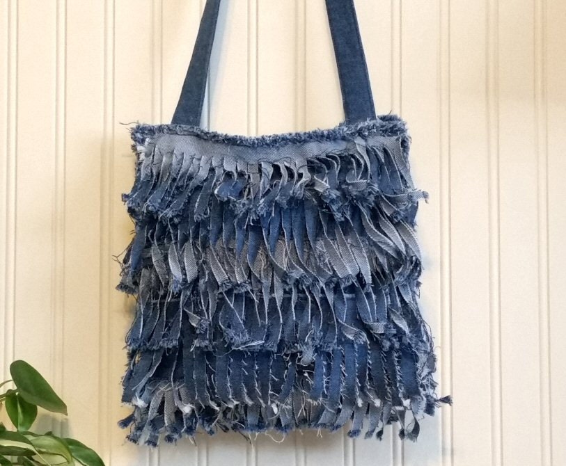 Denim Fringe Purse Handmade from Recycled Blue Jeans by MissThread