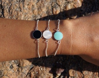 Bracelet en Argent 925 et Pièce de Nacre ou Noire, collection été 2017, Silver bracelet with turquoise black or nacre piece, summer 2017