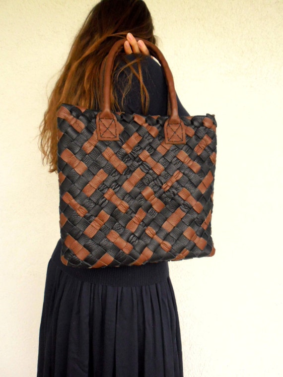 Medium Brown Leather Tote - Woven Leather Bag - Supple Black Leather ...