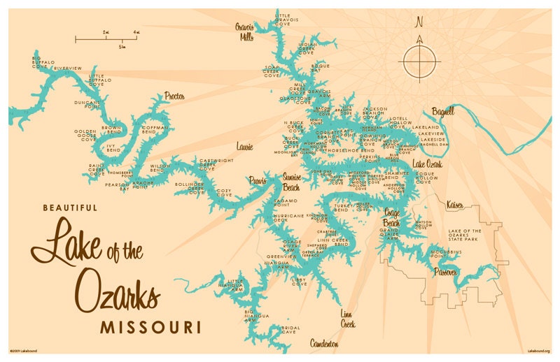 Lake of the Ozarks MO Map Print with mile markers by