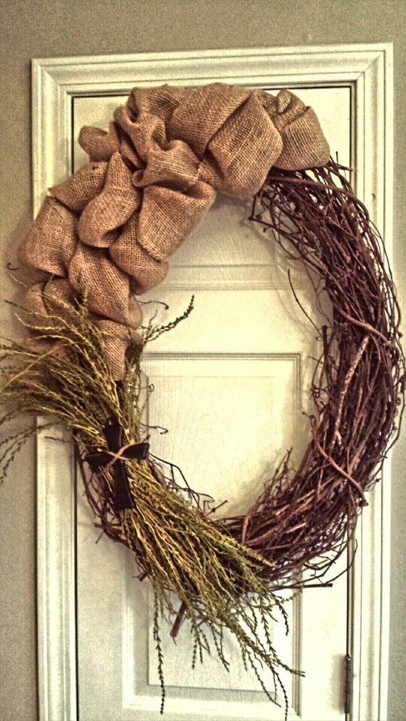 Large Oval Burlap Grapevine Wreath with Green Floral and Black Iron Cross Accents