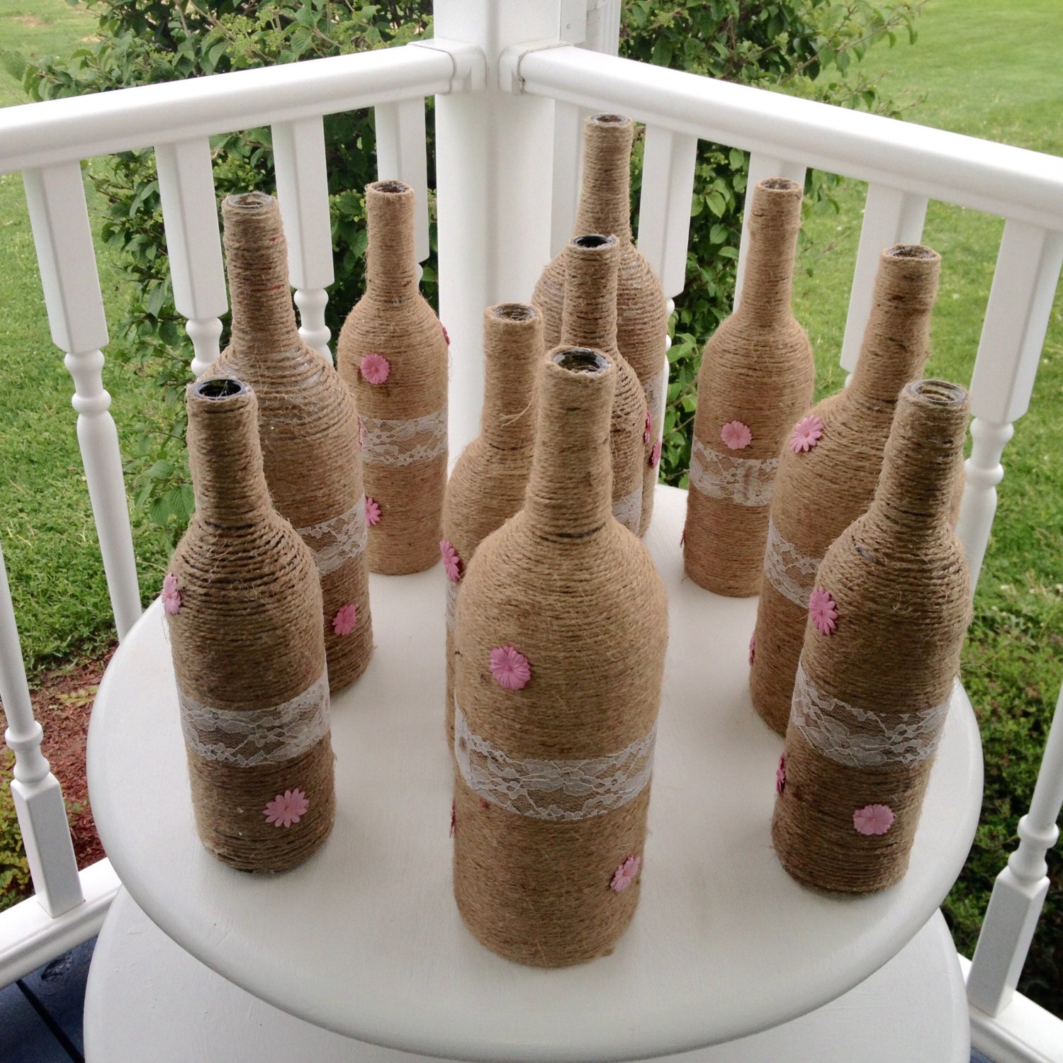 10 Twine Wrapped Wine Bottles with Lace and Pink Flowers Jute