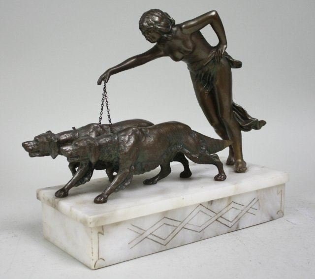 Art Deco Table Lamp Woman with Dogs