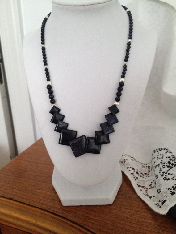Navy Blue Goldstone Gemstone Necklace with Silver by GlowDaily