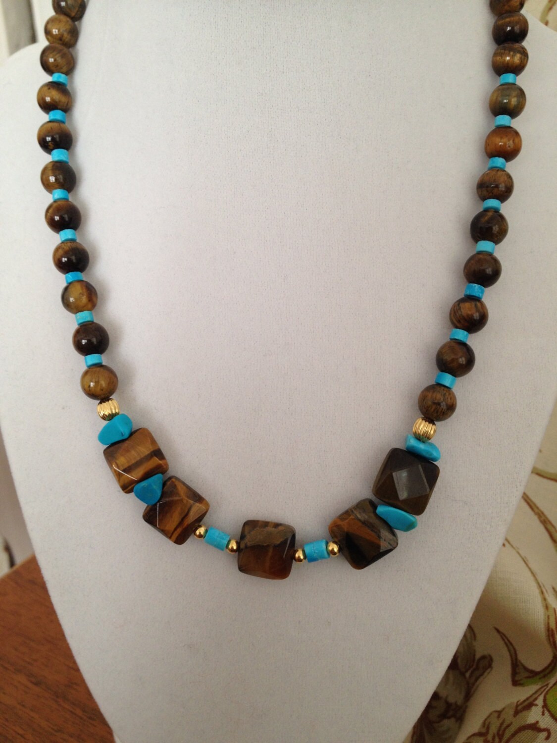 Turquoise and Tigers Eye Necklace With Gold Accents by GlowDaily