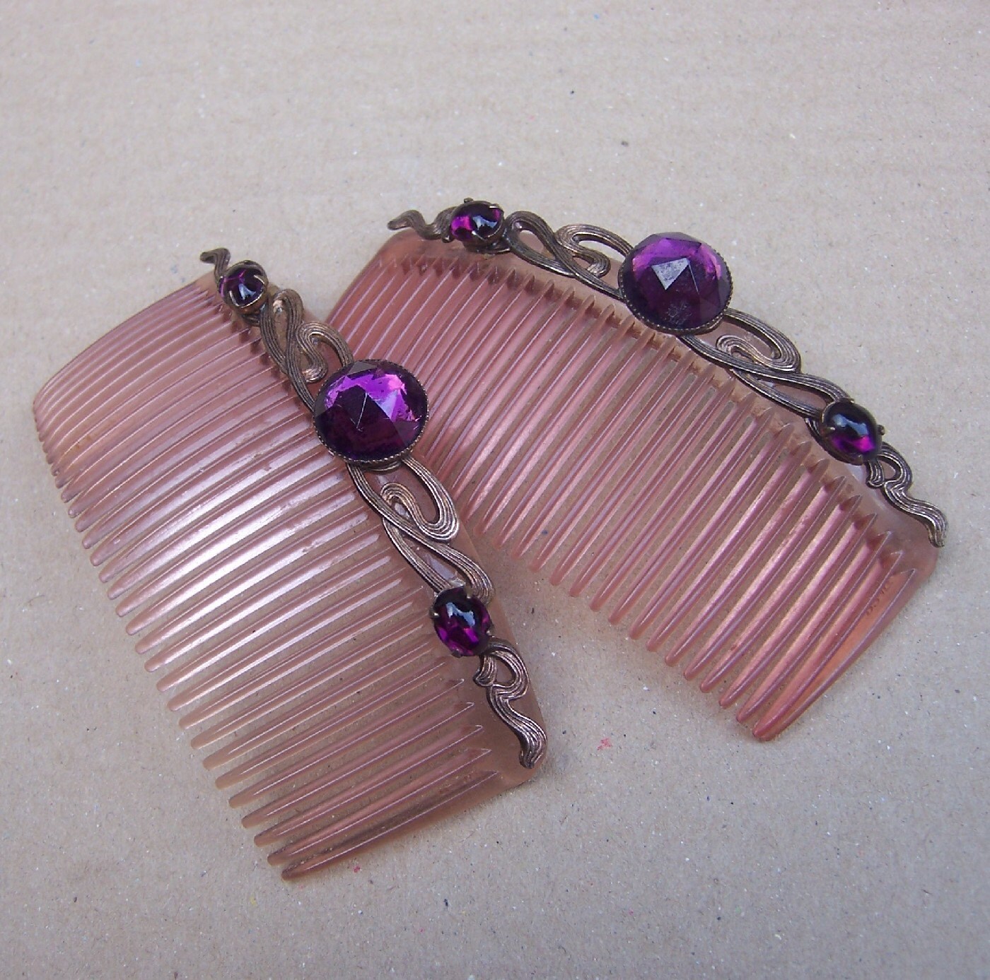 Art Nouveau Hair Combs Matched Pair with Faux Amethyst Hair Accessory