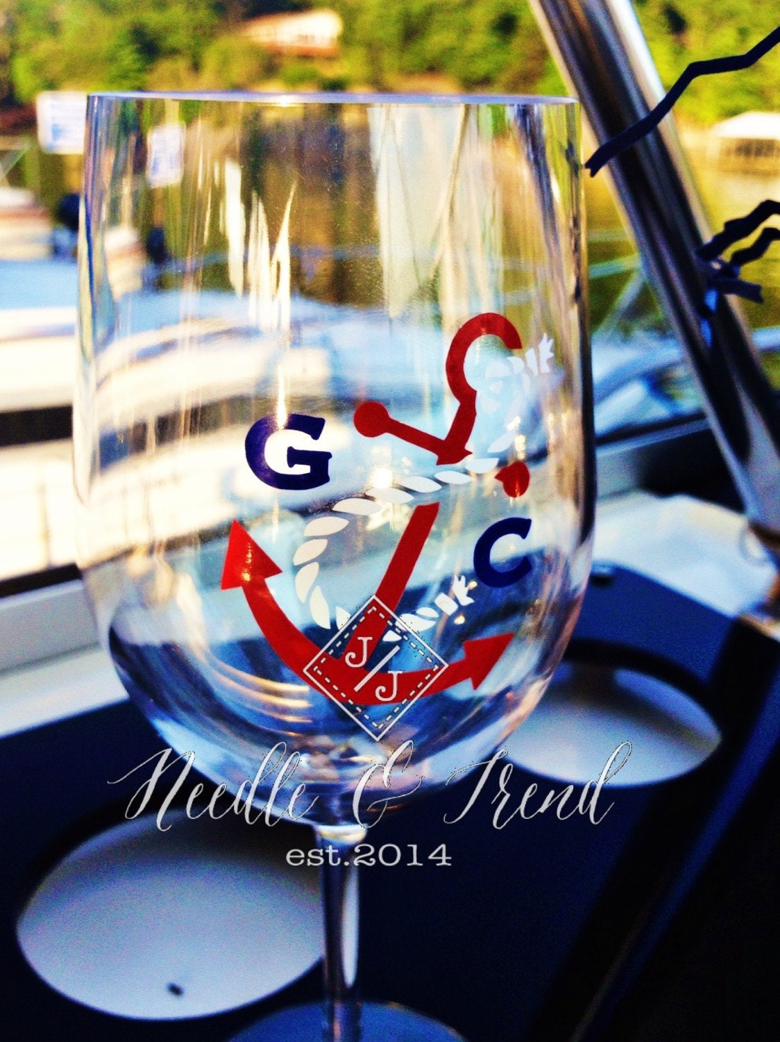 Personalized acrylic nautical wine glasses by NeedleAndTrend