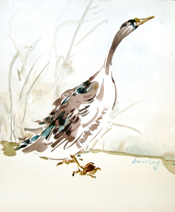 Asian original art goose art watercolour bird by Yimoartstudio