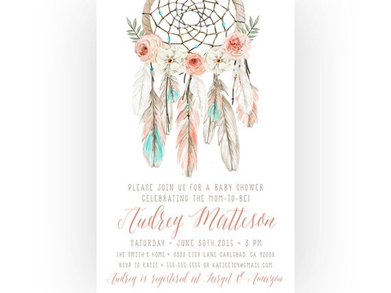 girl shower baby flowers Boho Girl, Feather, Catcher, Shower Flower Baby Dream Invitation