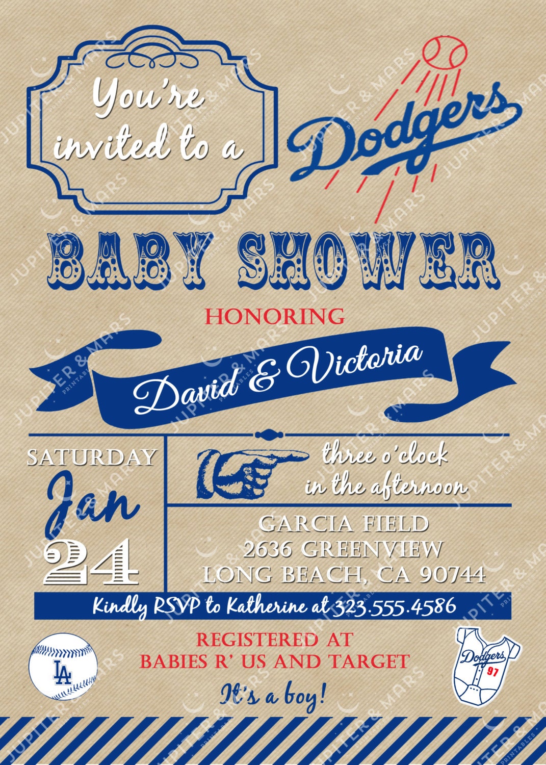Vintage Dodgers Baseball Baby Shower Bundle Invitation