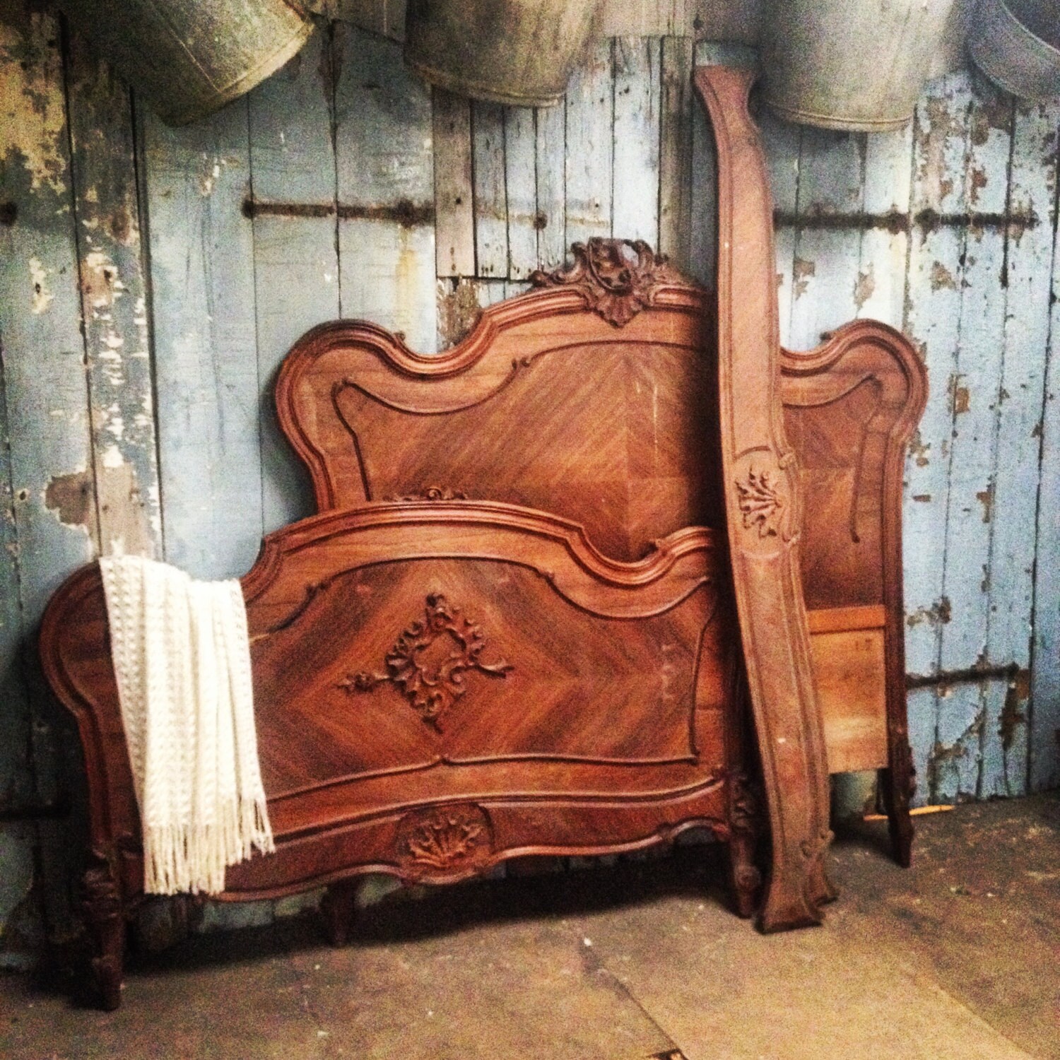 Rococo Vintage Ornate Carved Wood Double Bed Frame. Victorian Antique