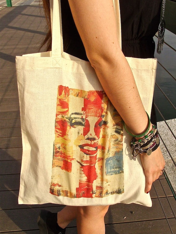 Marilyn Monroe ecru tote bag, reusable 100% cotton shopper, made in Italy, hand signed and dedicated by the artist Anna Pennati.
