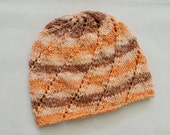 Knitted baby hat, knitted baby spring hat, striped swirl hat, knitted baby beanie hat, swirl hat, knitted toddler hat, orange peach brown