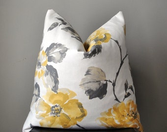 Pillow Cover, Decorative Pillow Cover, Throw pillows, 18x18, 20x20, 22x22 pillow cover, yellow gray floral pillow, home decor