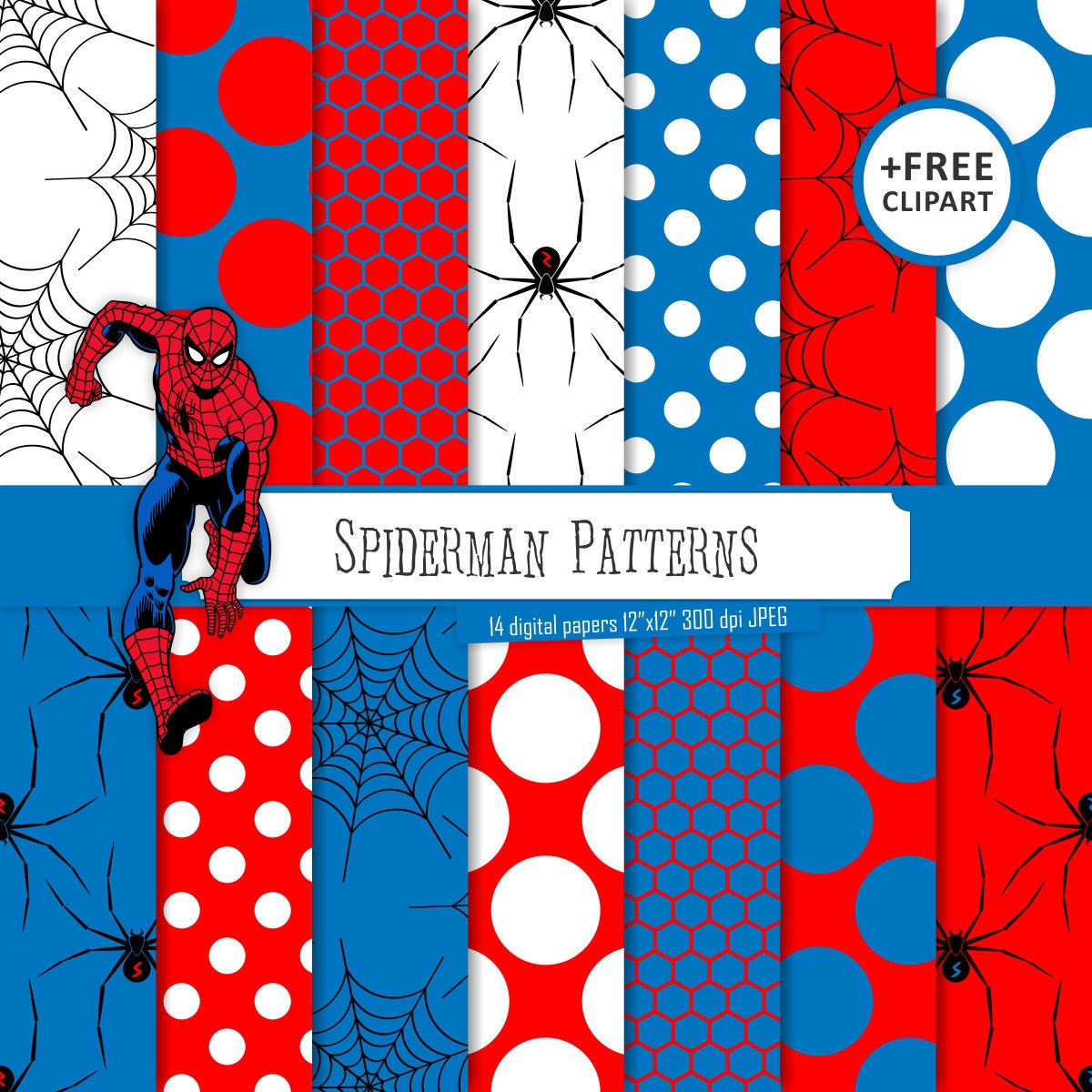 Buy 2 Get 1 Free Digital Paper Spiderman Patterns Blue Red