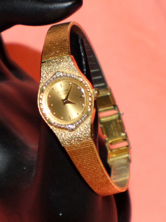 Vintage Bulova Ladies Gold tone Watch with 2 Diamonds with New
