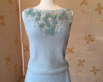 1960s vintage heavily beaded knit skirt and shell top