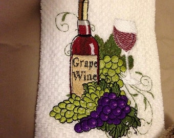 Embroidered Dish towel, Wine Bottle with Glass and Grapes, Dish Towel Set, Wine and Grape Decor, Wedding Gift, Embroider