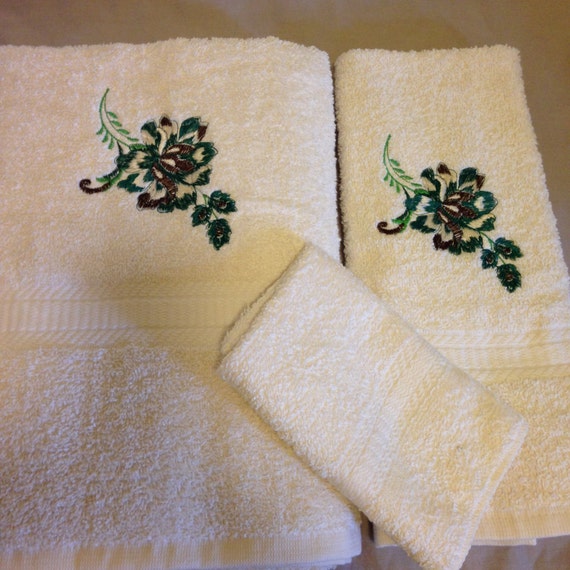 Embroidered Bath Towel Set 3 Piece Floral by ForFunEmbroidery