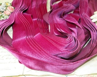 1 3/8" LUSH FUSCHIA PINK Antique French Velvet Ribbon Trim Cerise Dark Hot Pink Cherry Red Doll Dress Millinery Hat Supply Trim Work Vintage