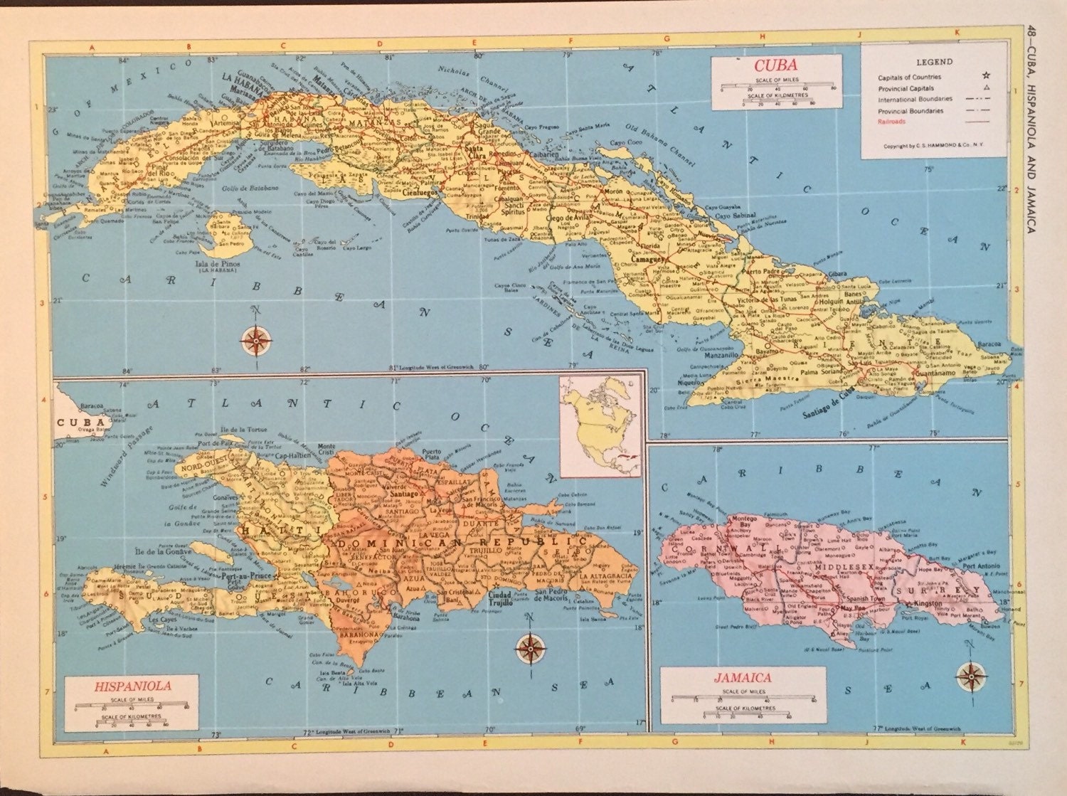 Colorful Vintage Map of Cuba Jamaica Dominican by Upcycledgraphics